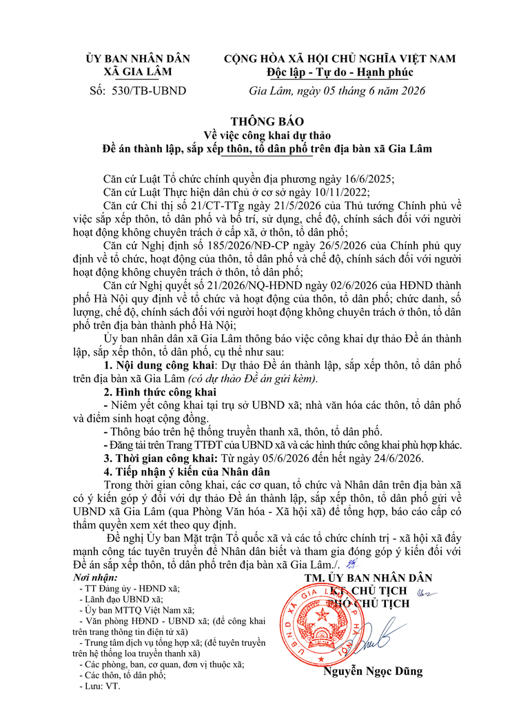 Thông báo về việc công khai dự thảo Đề án thành lập, sắp xếp thôn, tổ dân phố trên địa bàn xã Gia Lâm- Ảnh 1.