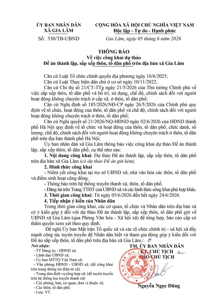 Thông báo công khai  dự thảo Đề án thành lập, sắp xếp thôn, tổ dân phố trên địa bàn xã Gia Lâm- Ảnh 1.