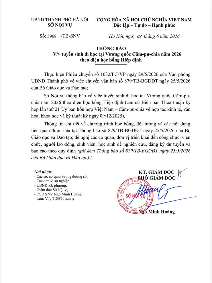 Sở nội vụ Hà Nội thông báo tuyển sinh đi học tại Vương quốc Căm-pu-chia năm 2026 theo diện học bổng Hiệp định- Ảnh 1.