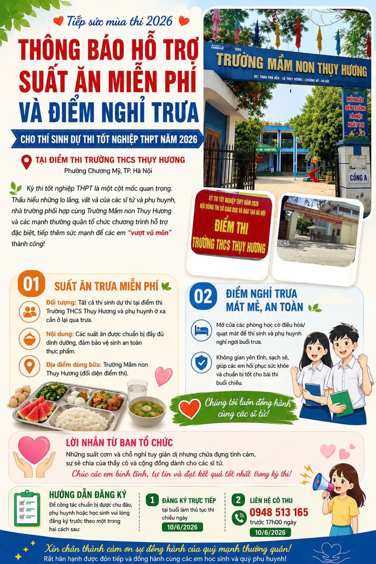 Thông báo hỗ trợ suất ăn miễn phí và điểm nghỉ trưa cho thí sinh dự thi tốt nghiệp THPT năm 2026 tại điểm thi Trường THCH Thụy Hương- Ảnh 1.