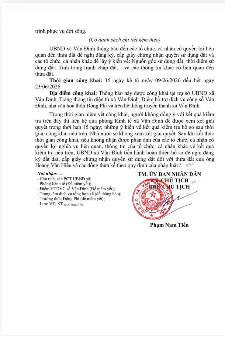 THÔNG BÁO
Về việc niêm yết công khai hồ sơ đăng ký đất đai, cấp giấy chứng nhận quyền sử dụng đất, quyền sở hữu tài sản gắn liền với đất đối với ông Hoàng Văn Hiếu và các đồng thừa kế, địa chỉ thửa đất tại thôn Động Phí- Ảnh 2.