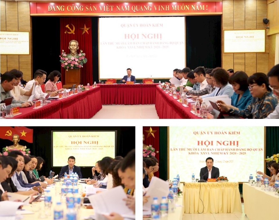 Bí thư Quận ủy Hoàn Kiếm Vũ Đăng Định, Phó Bí thư Thường trực Quận ủy Nguyễn Quốc Khánh, Phó Bí thư Quận ủy - Chủ tịch UBND quận Phạm Tuấn Long điều hành phiên thảo luận tại 3 tổ