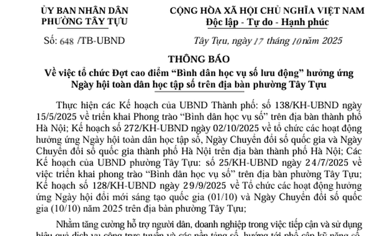 Phường Tây Tựu tổ chức Đợt cao điểm “Bình dân học vụ số lưu động” hưởng ứng Ngày hội toàn dân học tập số