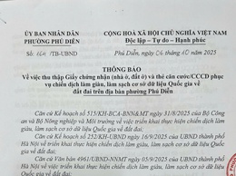 Thông báo về việc thu thập Giấy chứng nhận (nhà ở, đất ở) và thẻ căn cước/CCCD phục vụ chiến dịch làm giàu, làm sạch cơ sở dữ liệu Quốc gia về đất đai trên địa bàn phường Phú Diễn