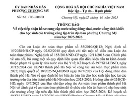 Thông báo tiếp nhận hồ sơ cung cấp nước đóng chai, nước uống tinh khiết cho học sinh các trường công lập trên địa bàn phường Chương Mỹ