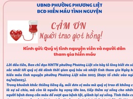 Ban chỉ đạo Hiến máu tình nguyện phường Phương Liệt gửi thư cảm ơn các tình nguyện viên và người dân đã tham gia hiến máu tình nguyện