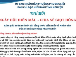 Thư mời tham gia hiến máu tình nguyện phường Phương Liệt năm 2025