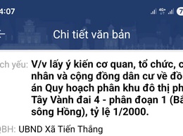 THÔNG BÁO 
Về việc công khai lấy ý kiến đồ án Quy hoạch 
phân khu đô thị phía Tây Vành đai 4 - phân đoạn 1  
(Bắc sông Hồng), tỷ lệ 1/2.000 