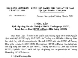 Thông báo Lịch tiếp công dân của Chủ tịch HĐND, Thường trực HĐND, Lãnh đạo các ban HĐND xã Dương Hòa tháng 11/2025