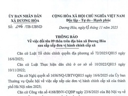 Thông báo về việc đổi tên 9 thôn trên địa bàn xã Dương Hòa sau sắp xếp đơn vị hành chính cấp xã