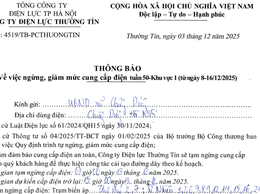 Thông báo việc ngừng, giảm mức cung cấp điện tuần 50-khu vực 1 (ngày 13/12/025)