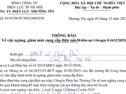 Thông báo việc ngừng, giảm mức cung cấp điện tuần 50-khu vực 1 (ngày 08/12/025)