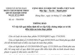 THÔNG BÁO
Về việc kết quả thẩm định hồ sơ cấp Giấy chứng nhận cơ sở đủ điều kiện an toàn thực phẩm