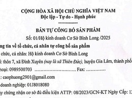 Bản tự công bố sản phẩm nước mắm của Hộ kinh doanh cơ sở Bình Long, địa chỉ thôn 7, xã Phù Đổng, TP. Hà Nội