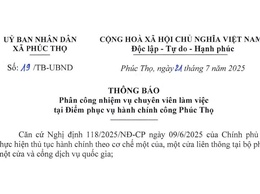 Thông báo phân công nhiệm vụ các chuyên viên làm việc tại Điểm phục vụ hành chính công Phúc Thọ 