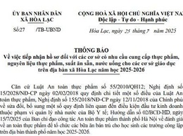 UBND xã Hòa Lạc thông báo về việc tiếp nhận hồ sơ đối với các cơ sở có nhu cầu cung cấp thực phẩm, nguyên liệu thực phẩm, suất ăn sẵn, nước uống cho các cơ sở trên địa bàn xã Hòa Lạc năm học 2025-2026.