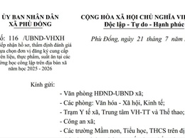 Thông báo về việc tiếp nhận hồ sơ, thẩm định đánh giá
và lựa chọn đơn vị đăng ký cung cấp nguyên liệu, thực phẩm, suất ăn tại các trường học công lập trên địa bàn xã năm học 2025 - 2026