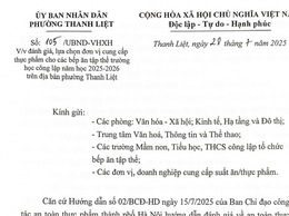 UBND phường Thanh Liệt đánh giá, lựa chọn đơn vị cung cấp thực phẩm cho các bếp ăn tập thể trường học công lập năm học 2025-2026 trên địa bàn phường Thanh Liệt