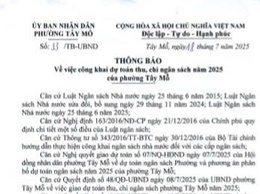 CÔNG KHAI DỰ TOÁN THU, CHI NGÂN SÁCH NĂM 2025 CỦA PHƯỜNG TÂY MỖ