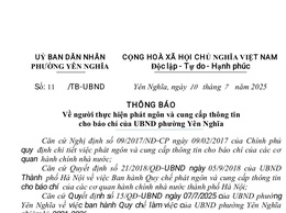                                 THÔNG BÁO
Về người thực hiện phát ngôn và cung cấp thông tin cho báo chí của UBND phường Yên Nghĩa