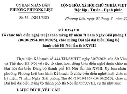 UBND phường Phương Liệt ban hành Kế hoạch số 36/KH-UBND ngày 05/8/2025 về việc tổ chức biểu diễn nghệ thuật chào mừng kỷ niệm 71 năm Ngày Giải phóng Thủ đô (10/10/1954-10/10/2025); chào mừng Đại hội đại biểu Đảng bộ thành phố Hà Nội lần thứ XVIII