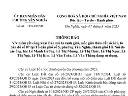 THÔNG BÁO NIÊM YẾT CÔNG KHAI BẢN MÔ TẢ RANH GIỚI, MỐC GIỚI THỬA ĐẤT TẠI TDP 5, PHƯỜNG YÊN NGHĨA