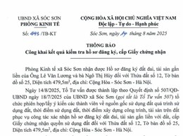 THÔNG BÁO CÔNG KHAI KẾT QUẢ KIỂM TRA HỒ SƠ ĐĂNG KÝ, CẤP GIẤY CHỨNG NHẬN