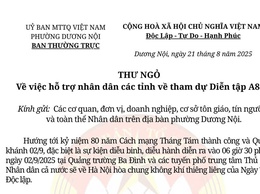 Uỷ ban MTTQ Việt Nam phường Dương Nội ra Thư ngỏ vận động nhân dân hưởng ứng và hỗ trợ sự kiện A80