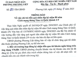 Thông báo: Về việc chi trả tiền quà kỷ niệm 80 năm Cách mạng tháng 8 và Quốc khánh 2-9