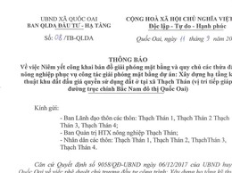 THÔNG BÁO Về việc niêm yết công khai bản đồ giải phóng mặt bằng và quy chủ các thửa đất nông nghiệp phục vụ công tác giải phóng mặt bằng dự án 