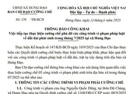 THÔNG BÁO
Việc tiếp tục thực hiện cưỡng chế phá dỡ các công trình vi phạm pháp luật về đất đai