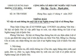 THÔNG BÁO
Về việc rà soát thông tin mộ Liệt sĩ tại Nghĩa trang Liệt sĩ xã Hưng Đạo