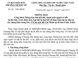 Thông báo thu hồi đất, danh sách người có đất bị thu hồi, vị trí, diện tích, loại đất bị thu hồi để thực hiện dự án đầu tư xây dựng khu trưng bày về Chủ tịch Hồ Chí Minh tại di tích Chùa Trầm
