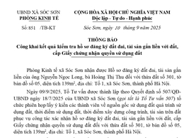 THÔNG BÁO CÔNG KHAI KẾT QUẢ KIỂM TRA HỒ SƠ ĐĂNG KÝ ĐẤT ĐAI, TÀI SẢN GẮN LIỀN VỚI ĐẤT, CẤP GCN QSD ĐẤT