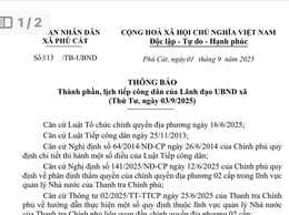 Thông báo thành phần, lịch tiếp công dân của lãnh đạo UBND xã Phú Cát ( Thứ 4, ngày 03/9/2025)