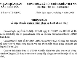 Thông báo V/v chuyển nhánh Điểm phục vụ hành chính công tại trụ sở UBND xã Võng La cũ về Điểm phục vụ hành chính công xã Thiên Lộc từ ngày 01/10/2025.