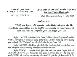  THÔNG BÁO
Về việc thu dọn cây cối, hoa màu và tài sản trên đất phục vụ dự án cải tạo, nâng cấp tuyến đường dọc bờ kênh tiêu Yên Sơn 3, thị trấn Quốc Oai