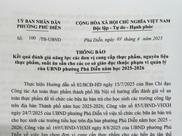 Thông báo kết quả đánh giá năng lực các đơn vị cung cấp thực phẩm, nguyên liệu thực phẩm, suất ăn sẵn cho các cơ sở giáo dục thuộc phạm vi quản lý của UBND phường Phú Diễn năm học 2025 - 2026