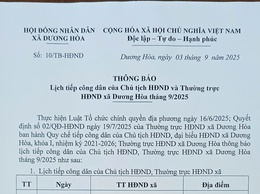 THÔNG BÁO Lịch tiếp công dân của Chủ tịch HĐND và Thường trực HĐND xã Dương Hòa tháng 9/2025