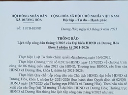 THÔNG BÁO Lịch tiếp công dân tháng 9/2025 của Đại biểu HĐND xã Dương Hòa Khóa I nhiệm kỳ 2021-2026