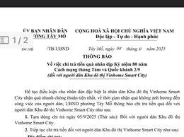 Tây Mỗ chi trả quà kỷ niệm 80 năm Cách mạng Tháng Tám và Quốc khánh 2/9 cho cư dân Vinhomes Smart City