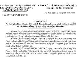 THÔNG BÁO Về thời gian làm việc của Chi nhánh Trung tâm phục vụ hành chính công số 8 và các Điểm hỗ trợ Dịch vụ công số thuộc Chi nhánh 