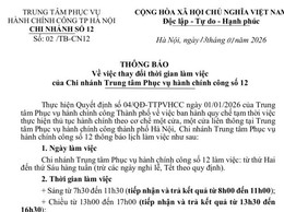 Thông báo của Trung tâm phục vụ hành chính công thành phố Hà Nội – Chi nhánh số 12 về việc thay đổi thời gian làm việc của Chi nhánh Trung tâm Phục vụ hành chính công số 12