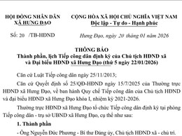 THÔNG BÁO
Thành phần, lịch Tiếp công dân định kỳ của Chủ tịch HĐND xã và Đại biểu HĐND xã Hưng Đạo (thứ 5 ngày 22/01/2026)
