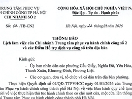 Thông báo lịch làm việc của Chi nhánh Trung tâm phục vụ hành chính công số 2 và các Điểm Hỗ trợ dịch vụ công số trên địa bàn