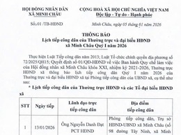 Hội đồng Nhân dân xã Minh Châu thông báo về lịch tiếp công dân của Thường trực và đại biểu HĐND xã Minh Châu quý I/2026