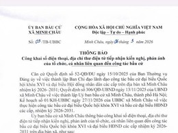 Thông báo của Ủy ban Bầu cử xã Minh Châu về việc công khai số điện thoại, địa chỉ, thư điện tử tiếp nhận kiến nghị, phản ánh của tổ chức, cá nhân liên quan đến công tác bầu cử
