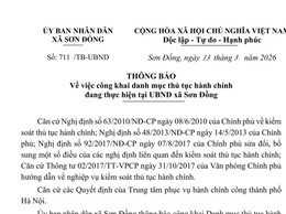 Công khai danh mục thủ tục hành chính đang thực hiện tại UBND xã Sơn Đồng
