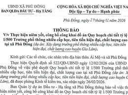 Thông báo về việc niêm yết, công bố đồ án Quy hoạch chi tiết tỷ lệ 1/500 Trường phổ thông nhiều cấp học, tiên tiến hiện đại, chất lượng cao tại xã Phù Đổng
