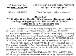 Thông báo niêm yết công khai, lấy ý kiến cơ quan quản lý nhà nước, tổ chức, chuyên gia và cộng đồng dân cư có liên quan đối với Quy hoạch tổng thể Thủ đô Hà Nội tầm nhìn 100 năm.